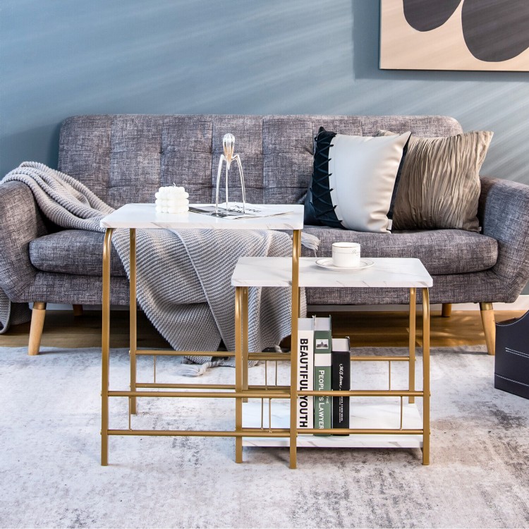 Faux marble nesting tables in white with gold steel frames, perfect for small spaces and versatile use as side tables.